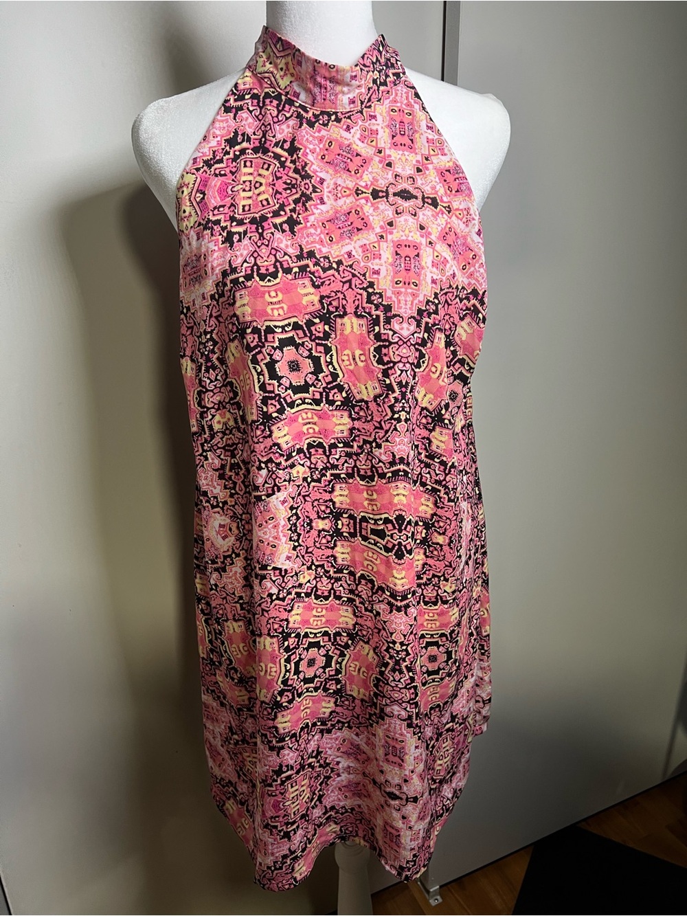 Decree Pink and Black Halter Patterned Mini Dress